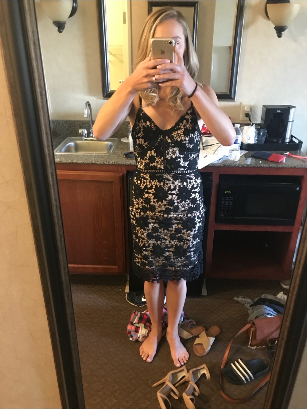 Black Floral Lace Mini Dress with Nude Lining